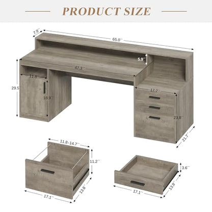 YOMILUVE 65" Computer Desk with 3 Drawers & Printer Shelf for Home Office - color: Grey