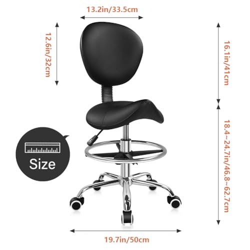 KKTONER Black Saddle Drafting Chair with Back Swivel Office Chair with Footrest Height Adjustable for Work Home Computer Task Stool Chair with Wheels