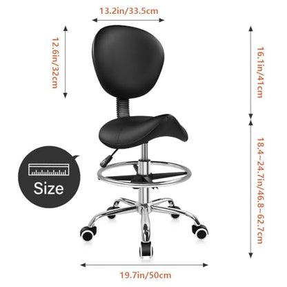 KKTONER Black Saddle Drafting Chair with Back Swivel Office Chair with Footrest Height Adjustable for Work Home Computer Task Stool Chair with Wheels