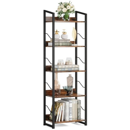 Hosfais 5 Tier Tall Bookshelf: Industrial Wood Book Shelf with Edge Protection Metal Narrow Bookshelf Bookcase Storage Organizer Display Rack for Living Room Home Office (Rustic Brown) - color: Rustic Brown