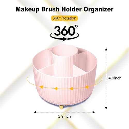WILL OAK Makeup Brush Organiser - Large Compartment Cosmetic Organizer -Eyeliner, Nail Polish, Art Supply, Bathroom Vanity Desktop Organizer (Pink) - color: Pink