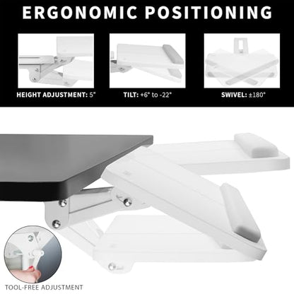 VIVO Adjustable 25 x 10 inch Computer Keyboard and Mouse Platform Tray Ergonomic Under Table Desk Mount Drawer Underdesk Shelf, White, MOUNT-KB03W | Adjustable Computer Keyboard and Mouse Platform, Ergonomic Under Table Desk Mount Drawer, Full Swivel - co