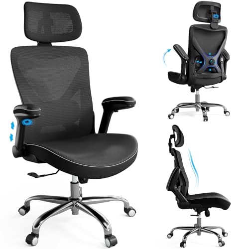 Ergonomic Office Chair:Home Office Desk Chairs with Headrest Lumbar Support | Ergalithic Ergonomic Desk Chair X-Shaped Mesh PU Leather Executive Computer Chair High Back Flip-Up Arms for Long Hour - color: Black