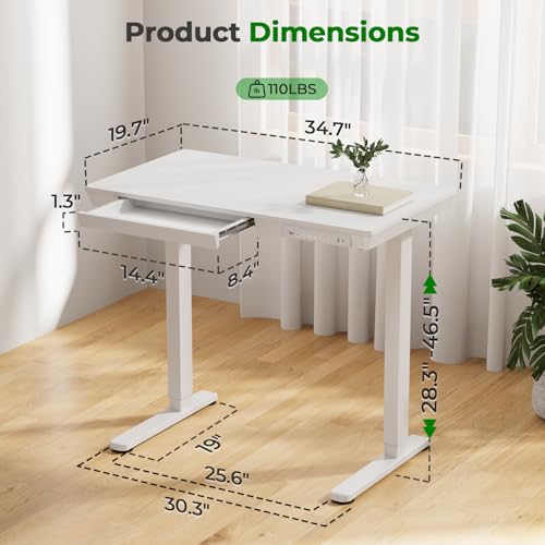 35" Electric Standing Desk with Drawer, 4 Lockable Wheels - color: White Wood-top, size: 35"