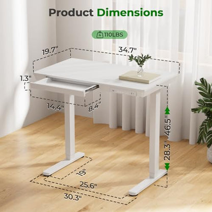 35" Electric Standing Desk with Drawer, 4 Lockable Wheels - color: White Wood-top, size: 35"