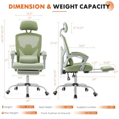 Sweetcrispy Office Computer Desk Chair, Ergonomic High-Back Mesh Rolling Work Swivel Chairs with Wheels, Comfortable Lumbar Support, Comfy Arms for Home, Bedroom, Study, Student, Green | High-Back Mesh, 360° Rolling Work, Comfy Arms, Home Office Bedroom S