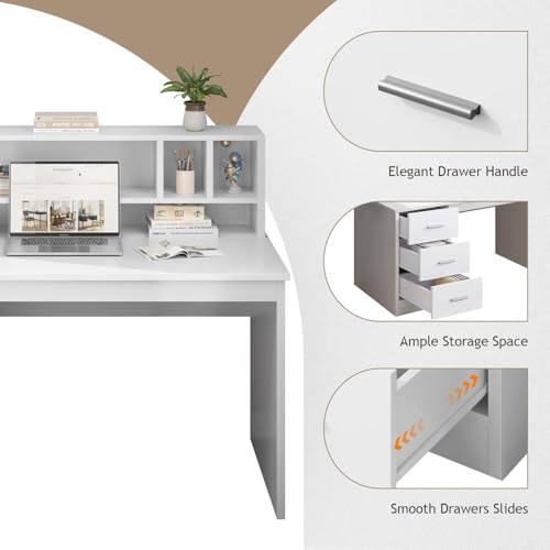 MaverickFurni White Desk with Drawers, 46" Home Office Desk with Hutch and Storage, Small Desk with 3 Drawers for Bedroom, White - color: White