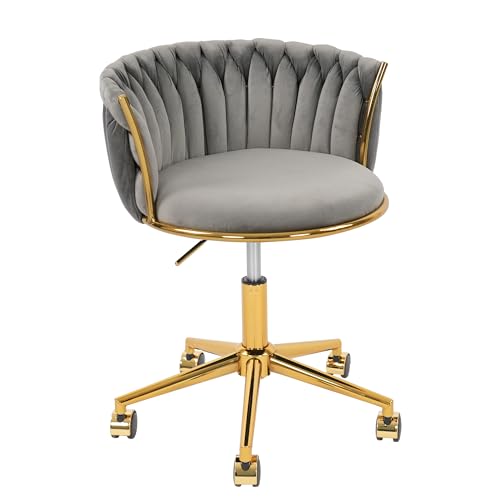 HENGJIANYI Velvet Woven Home Swivel Vanity Desk Chair with Gold Base, Gray | Modern Height Adjustable Office Chair with Metal Base and Hand Weaving Back Wheels for Bedroom Study Small Space girl women - color: Grey