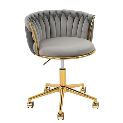HENGJIANYI Velvet Woven Home Swivel Vanity Desk Chair with Gold Base, Gray | Modern Height Adjustable Office Chair with Metal Base and Hand Weaving Back Wheels for Bedroom Study Small Space girl women - color: Grey