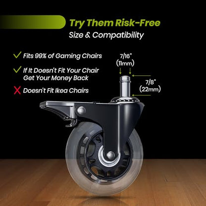 Office Chair Wheel Replacement with Brake - 3″ Heavy Duty Caster Locking Wheel for Desk Chairs, Smooth Rolling Chair Caster, Safe for Hard Floors and Low Carpets,Universal Fit (1 pc, Clear) - color: Clear - Brake - 1pc