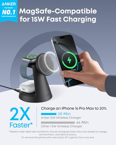 Anker MagSafe Charger Compatible, MagGo 3-in-1 Qi2 15W Charging Station | Wireless Charger, Magnetic Charging Stand for iPhone 17 / 16 / 15 Series, Apple Watch, AirPods, and More (Adapter Included) - color: Black