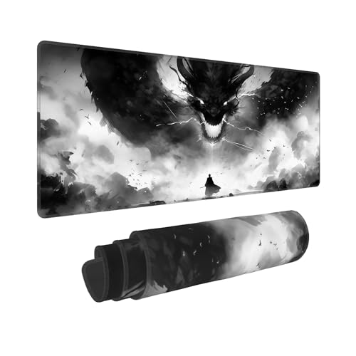 Large Gaming Mouse Pad,Black and White Anime Desk Mat,31.5 x 12 in | Cool Oriental Dragon Extended Washable Mousepad for Men,Ink Wash Art Decor Keyboard Mat with Stitched Edges,80 x 30 cm - color: Cool Dragon