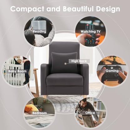 COLAMY Mid-Century Modern Accent Chair, Faux Leather Upholstered Living Room Chair with Back Pillow & Solid Wood Legs, Comfy Armchair for Living Room, Bedroom, Single Sofa, Dark Brown - color: Dark Brown, size: Set of 1