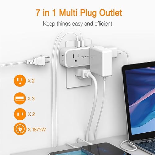 TESSAN Wall Outlet Extender, Multi Plug Mini Wall Expander, Grey - color: Grey with USB-A, size: 7 Outlets