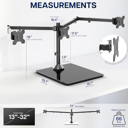 VIVO Black Triple Monitor Mount, Freestanding Triple Monitor Arm Stand for Desk with Glass Base, Heavy Duty Fully Adjustable Stand for 3 Screens up to 32 inches, Black, STAND-V332FG - size: 13" to 32" Screens