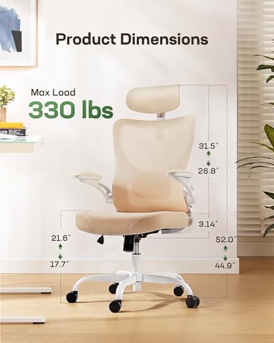 Marsail Ergonomic Office Chair: Office Computer Desk Chair with High Back Mesh and Adjustable Lumbar Support Rolling Work Swivel Task Chairs with Wheel 3D Armrests and Headrest (White) - color: White