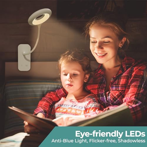 CUHIOY 2Pack Rechargeable Clip on Reading Light for Bed Headboard, White | 5 Colors 5 Brightness Bed Light, Battery Flexible Arm Table Lamp with Clamp, Flicker-Free LED Book Light at Night, Crafting - style: 2Pack White