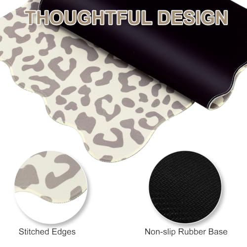 L-SPOUTTO Beige Leopard Mouse Pad,Scalloped Desk Mat XXL Gaming Mousepad | Cheetah Large 35.4x15.7in Non-Slip Rubber Base Keyboard Pad Waterproof Desktop Mat for Laptop Computer Game Home Office - color: Beige Leopard
