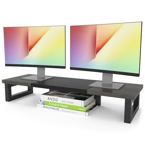 WESTREE Dual Monitor Stand Riser, Wood and Steel Monitor Stand Riser, Computer Monitor Stand for 2 Monitors, Multi-Purpose Desktop Storage Stand for Computer,Laptop,Printer,TV - color: Grey Black