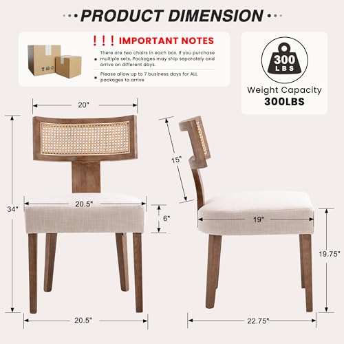 HNY Mid Century Modern Rattan Dining Chairs Set of 2, Linen Upholstered Kitchen & Dining Room Chairs with Ergonomic Curved Back, Solid Wood Frame, Farmhouse Accent Chairs for Home, Apartment, Beige - color: Beige Rattan