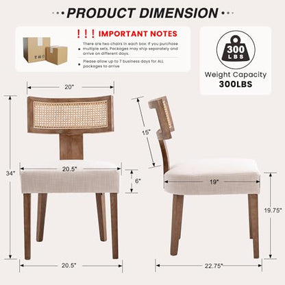 HNY Mid Century Modern Rattan Dining Chairs Set of 2, Linen Upholstered Kitchen & Dining Room Chairs with Ergonomic Curved Back, Solid Wood Frame, Farmhouse Accent Chairs for Home, Apartment, Beige - color: Beige Rattan