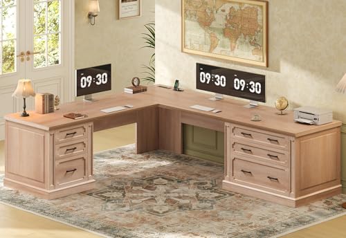 SEDETA Farmhouse 78.8" L Shaped Desk with 6 Drawers, Home Office Desk with Power Outlet, File Cabinet Storage, Wood Corner Computer Desk for Work and Study, Oak - color: Oak, size: 78.8" L Shaped Desk
