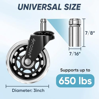 TICONN Office Chair Caster Wheels Set of 5 for Tile, Hardwood Floors and Carpets, Universal Fit for Most Chairs (Transparent) - style: Transparent