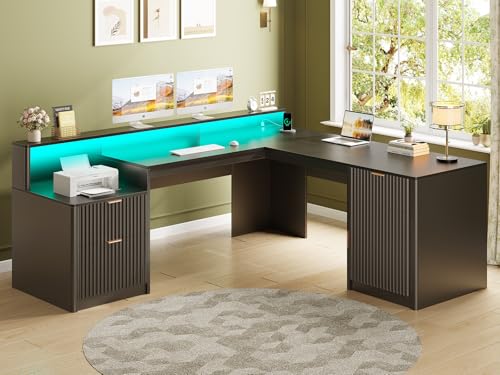 SEDETA 66" Modern L Shaped Desk with Drawers, Fluted Home Office Desk with File Cabinet & Printer Shelf, Wood Executive Desk with Monitor Stand, Power Outlets, Led Lights, Black - color: Black, size: L Shaped Desk