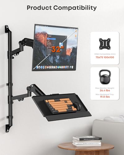 PUTUOSEN Wall Mount Monitor Arm with Keyboard Tray for 17 to 32 Inch | Height Adjustable Full-Motion Spring Arm Wall Mount Workstation Holds up to 26.4lbs, VESA 75x75/100x100mm,Black - size: 17-32 Inch