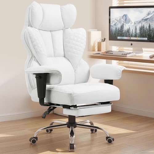COMHOMA Big and Tall Office Chair Heavy Duty Gaming Chair with Deluxe Embossing Leather High Back Wider Ergonomic Computer Chair with Foot Rest 145°Reclining Pocket Spring Lumbar Support - color: Ivory White