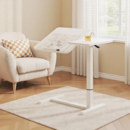 Overbed Table with Wheels, Adjustable Height Rolling Bedside Desk, Mobile Laptop Stand and Tilting Tray Table for Bed Sofa and Hospital Use (White+26-38''h) - color: White+26-38''h