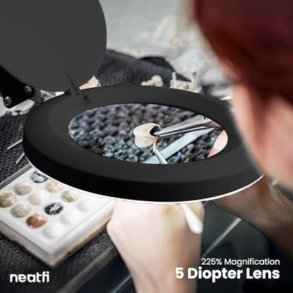 Neatfi LED Magnifying Lamp with Clamp | 2.25x Magnification | 120 SMD LEDs | 1,200 Lumens | 12W | Adjustable Color Temperature Desk Lamp Magnifier (Black-3, 5-Diopter) - color: Black-3, size: 5-Diopter