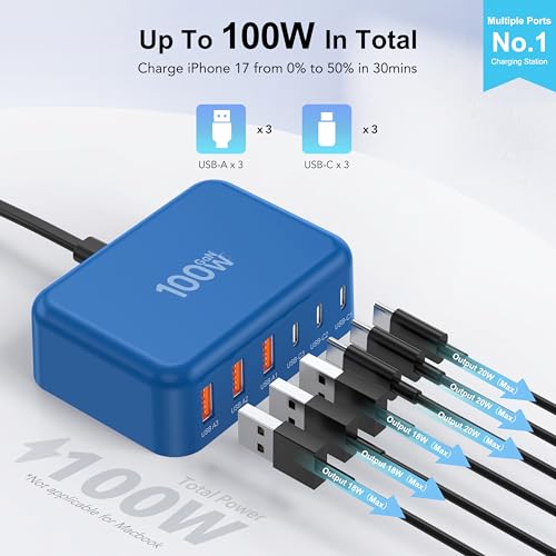 USB Fast Charger Block 50% Smaller 100W Max 6-Port GaN USB Charging Station - color: C-Blue, size: 100W