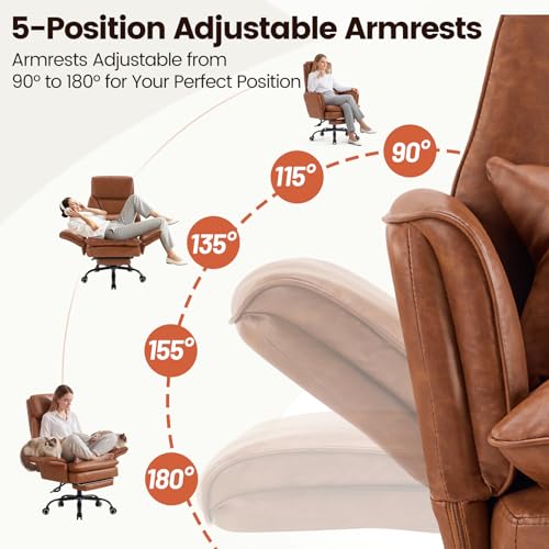 Big and Tall Office Chair, Ergonomic Computer Desk Chair with Footrest, Wide Seat Reclining Gaming Chair, Flip Armrests for Cross Legged Sitting, Heavy Duty Support up to 400LBS, PU, Brown - color: Brown