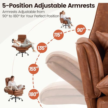 Big and Tall Office Chair, Ergonomic Computer Desk Chair with Footrest, Wide Seat Reclining Gaming Chair, Flip Armrests for Cross Legged Sitting, Heavy Duty Support up to 400LBS, PU, Brown - color: Brown