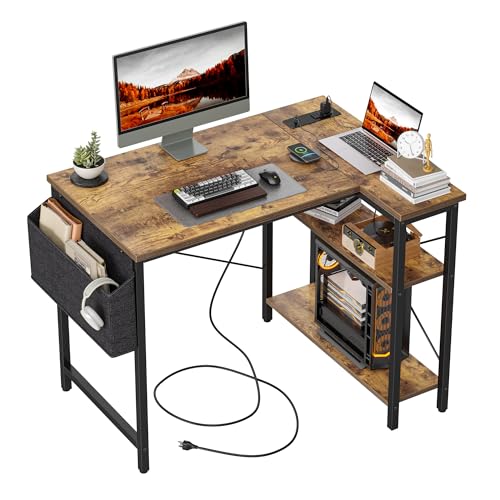TIQLAB Small Computer Desk with Power Outlets, 40 Inch L Shaped Desk with Reversible Shelves, Gaming Desk Corner Desk Study Writing Desk for Home Office Bedroom Small Space, Rustic Brown - color: Rustic Brown, size: 40 Inch