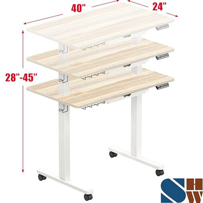 SHW Mobile Electric Height Adjustable Standing Desk w/Drawer, Maple | 40" Wide Top | w/ Memory Presets and Cable Management | Drawer with adjustable compartments | Hanging Hooks - color: Maple