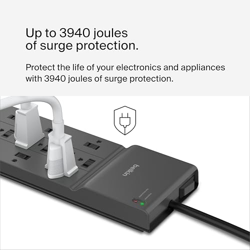 Belkin Power Strip Surge Protector with 8 Outlets, 6 ft Long Flat Plug Heavy Duty Extension Cord + Overload Protection for Home, Office, Travel, Compuer Desktop & Phone Charging Brick (3,550 Joules) - size: 3 Pack, style: 1 Pack