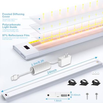 WOBANE Dimmable Under Cabinet Lighting, 24in Plug in LED Counter Light Bar | Hand Wave Activated, Touchless for Kitchen Cabinet, Shelf, Under Desk, Color Tunable 2700K to 6500K,White Panel,1400LM - size: 24 inch