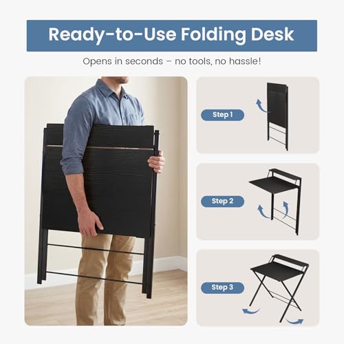 DUMOS Folding Desk with Shelf, No Assembly Computer Desk, Small Space Black | Foldable Desk with Shelf Saves Space for Bedroom, Office and Dorm Use - color: Modern Black
