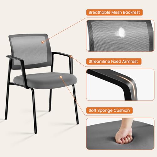Sweetcrispy Stackable Mesh Guest Reception Chairs - Ergonomic Lumbar Support for Waiting Conference Meeting Room, Office School Lobby and Church, Space Saving, Grey Set of 4