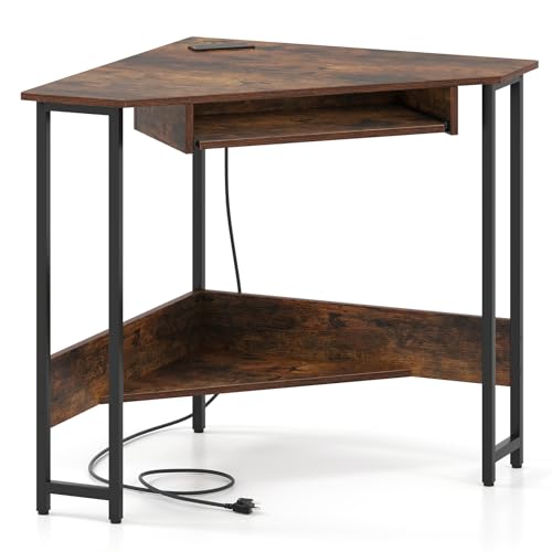 Tangkula Corner Desk with Keyboard Tray, 90-Degree Triangle Corner Computer Desk for Small Space, Industrial Writing Desk with Storage Shelf, Space-Saving Laptop PC Desk (Rustic Brown)