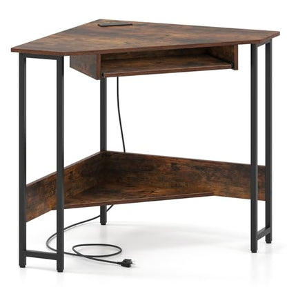 Tangkula Corner Desk with Keyboard Tray, 90-Degree Triangle Corner Computer Desk for Small Space, Industrial Writing Desk with Storage Shelf, Space-Saving Laptop PC Desk (Rustic Brown)
