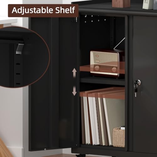 Metal Cabinet with Wheels, Steel Cabine with Locking Doors, Small Cabinet with Adjustable Shelf, Tool Cabinets for Garage, Suitable for Home Office, Garage, Office - color: 32"h - Black