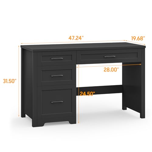 Vabches Home Office Desk with 3 Storage Drawers, Black. | Farmhouse 47" Wood Computer Desk with File Drawer, Workstation for Home Office, Writing, Study - color: Pure Black, size: Without Charging Station