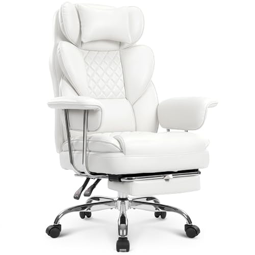 NEO CHAIR Big & Tall Leather Office Chair, High Back, Lumbar Support, White | Gaming Chair for Adults and Computer Use, Reclining Office Chair with Foot Rest, Massage, Comfy Design and Heavy Duty Support - color: White