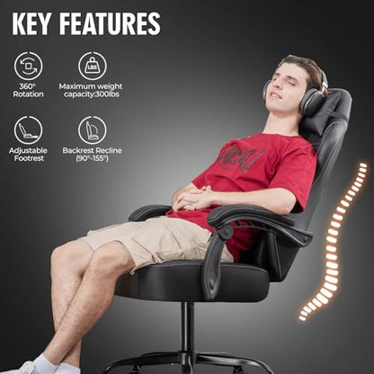 GTPLAYER Gaming Chair, Office Chair High Back Computer Chair for Adults, Leather Desk Chair Executive Ergonomic Height Adjustable with Headrest and Lumbar Support, 300lbs Black - color: Black Without Footrest
