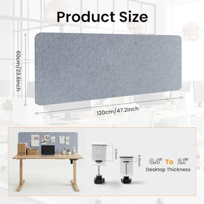 Felt Desk Divider, Clamp-On Privacy Panel, 24 x 48 Inch, Light Gray - color: Light Gray, size: 24×48 in
