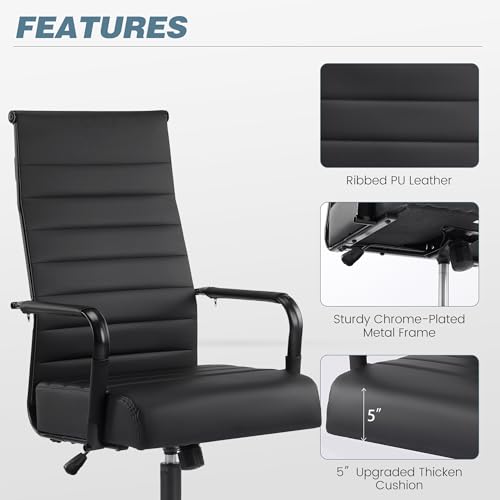 JOMEED Office Desk Chair,Conference Room Chair,High Back PU Leather Swivel | Modern Executive Ribbed Design, Ergonomic, Height Adjustable, Wheels and Arms, for Home Office(Black-Black Frame) - color: Black-black Frame