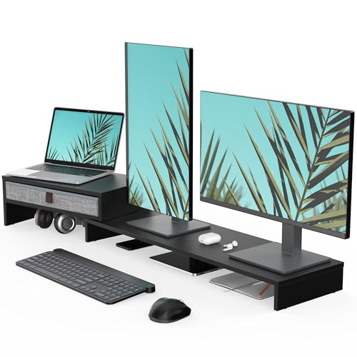 Fenge Triple Monitor Stand with Srorage Drawer, Adjustable Length and Angle | Computer Monitor Riser for 2 or 3 Monitors, Wooden Desktop Laptop Stand, Office Organizer for PC, Screen, Tablet, Black - color: Black